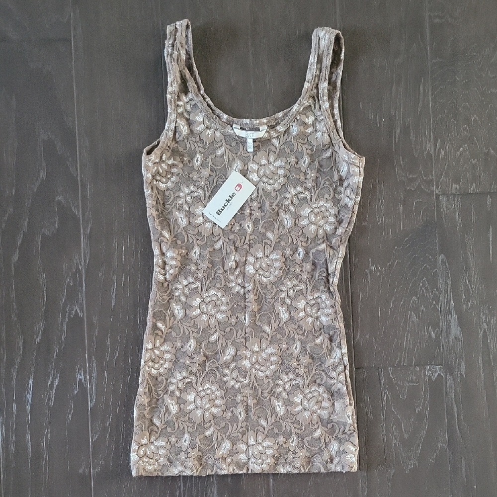 BKE Tan and White Fitted Tank Top